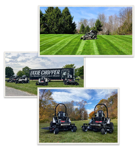 three separate images of Dixie Chopper zero turn lawn mowers being used